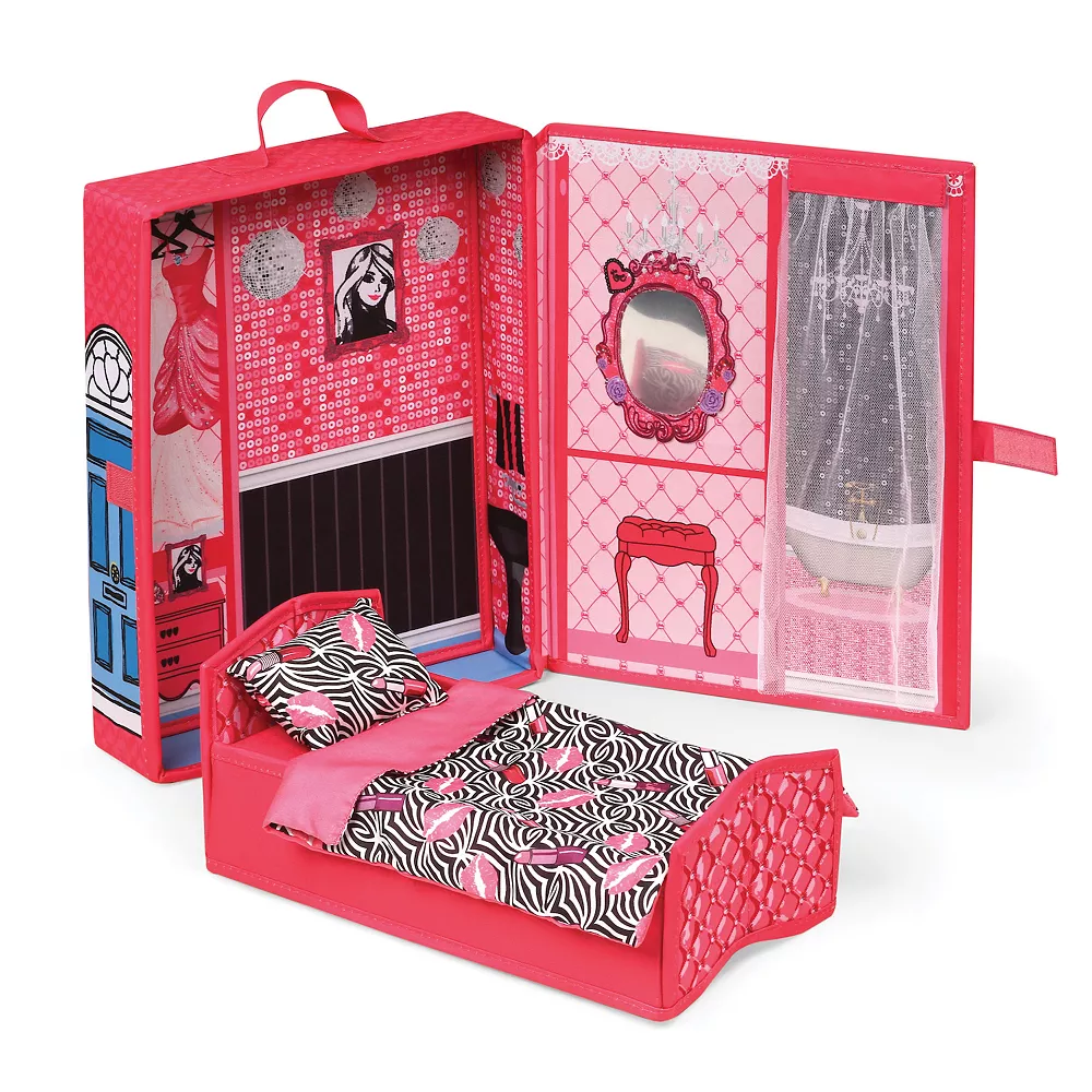 Badger Basket Home & Go Dollhouse Playset Travel & Storage Case With Bed/Bedding For 12-inch Fashion Dolls