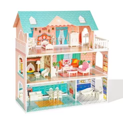 Robotime Big Wooden Dollhouse With Furniture - Play Set Gift For Kids, Girls - Blue