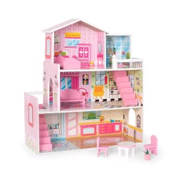 Robotime Big Wooden Dollhouse With Furniture - Play Set Gift For Kids, Girls - Pink