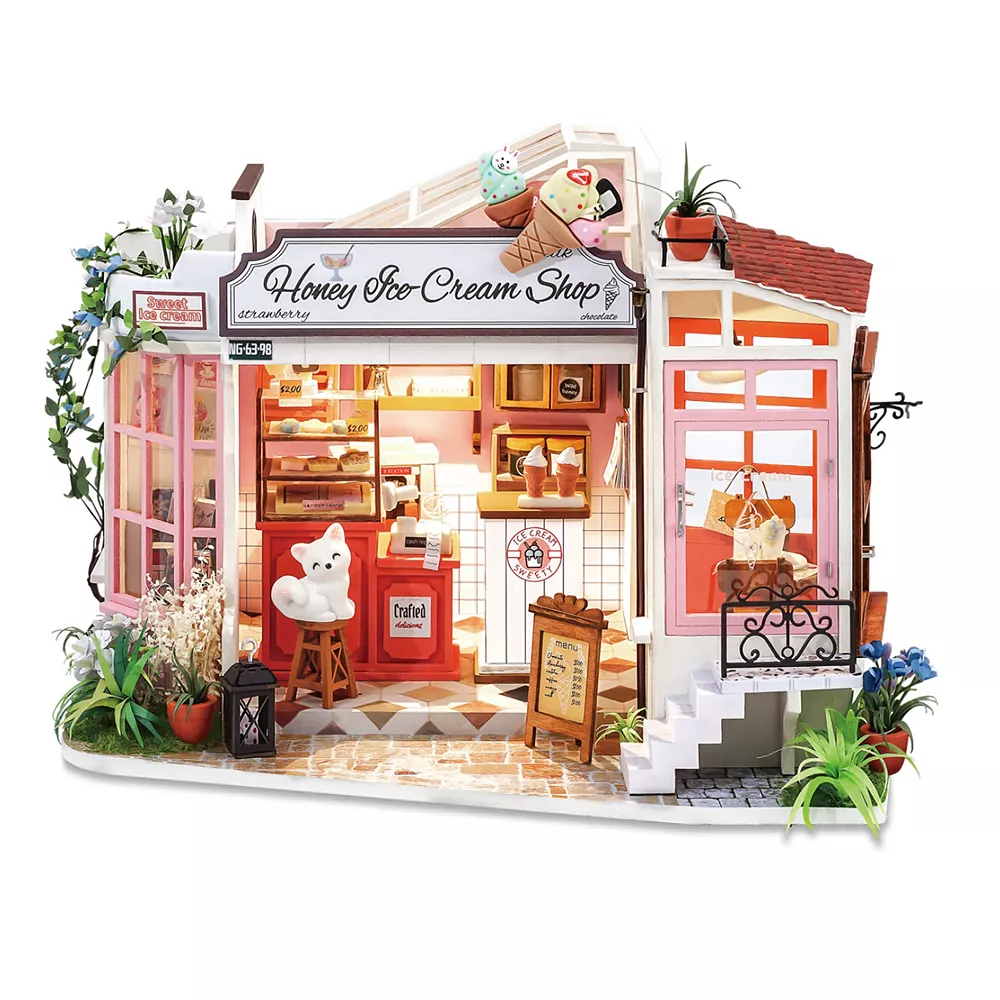 Robotime 3D DIY Wooden Miniature Handmade Dollhouse - Light Music Bar With Furnitures Toys Gift - Mini Ice Cream Shop Gift For Kids Adult - Style DG148
